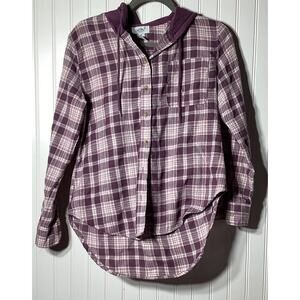 Just Polly Women's Fall Plaid Button-Up Hooded Shacket XS Purple